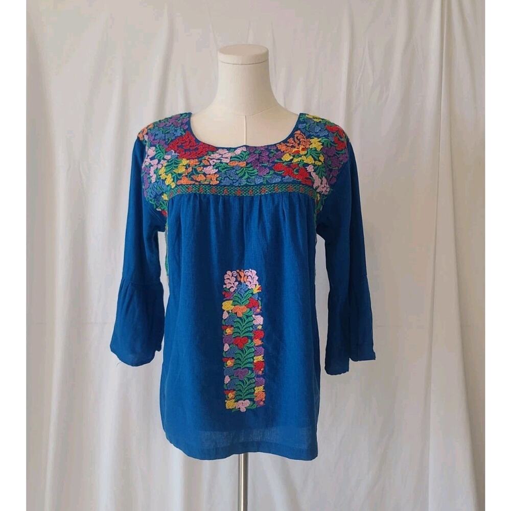 J. Marie Womens Blue Embroidered Jenna Flared Sleeve Floral Top Small - Picture 2 of 6